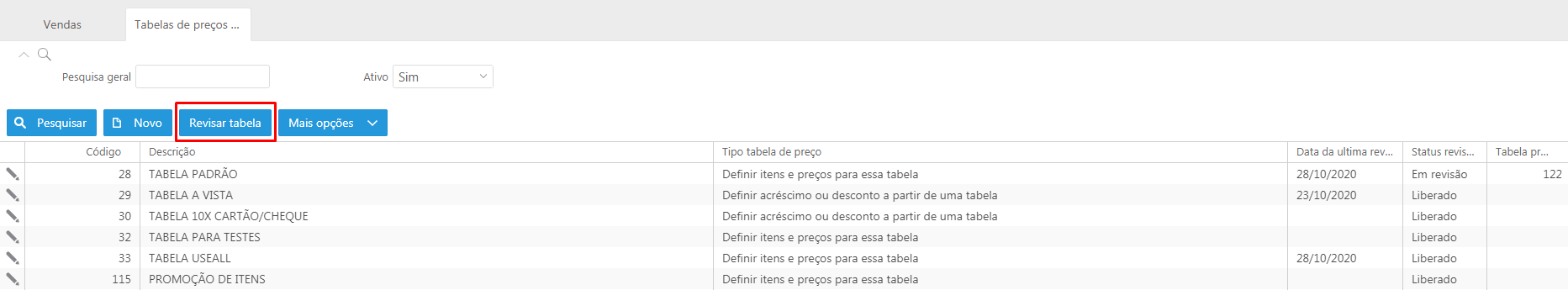 Revisão de tabela de preço