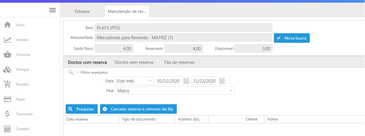 Manutenção de reserva abas