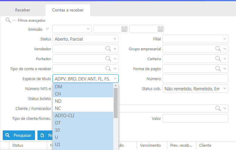 Filtro espécie de títulos marcados