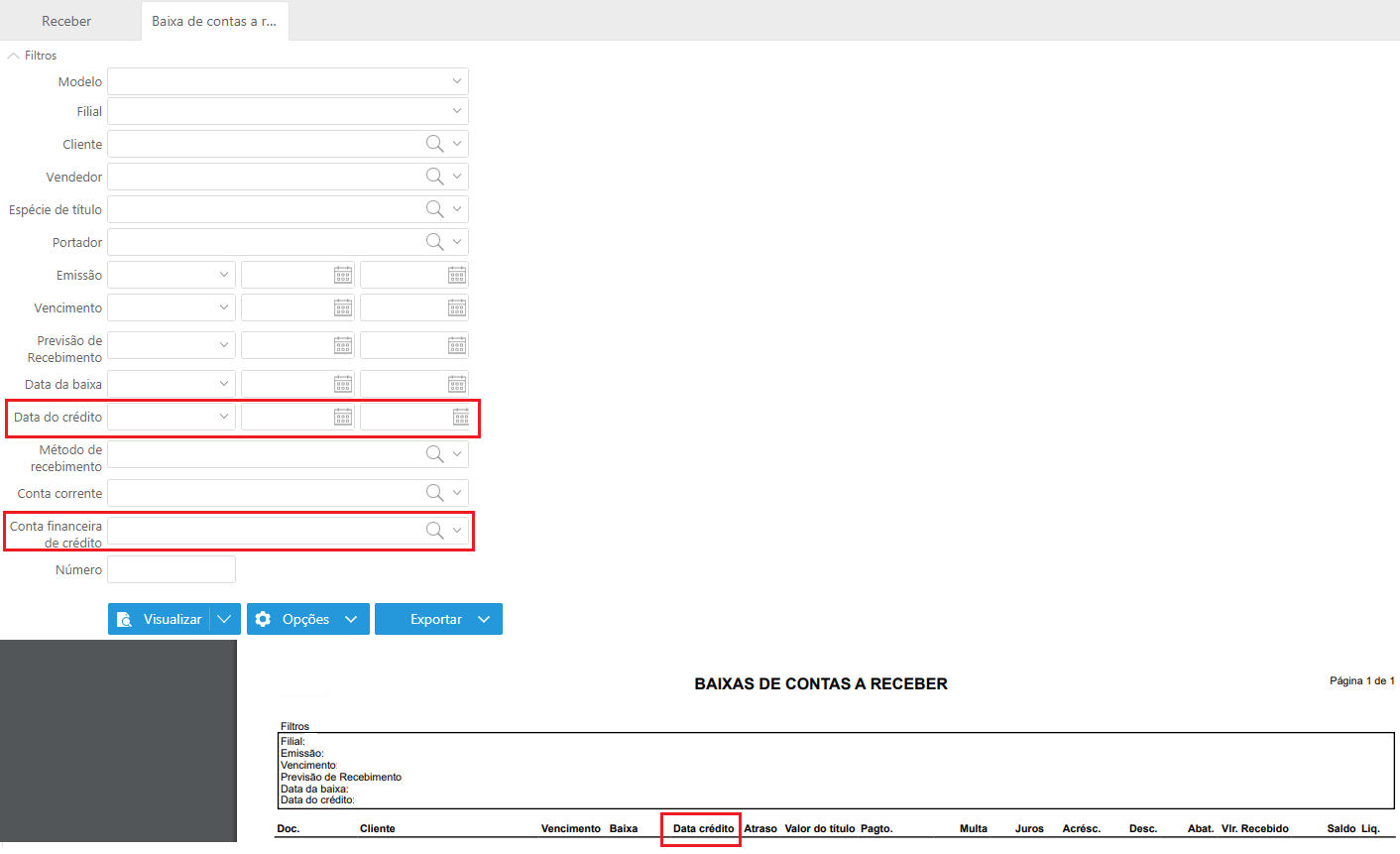 Relatório Baixas de contas a receber