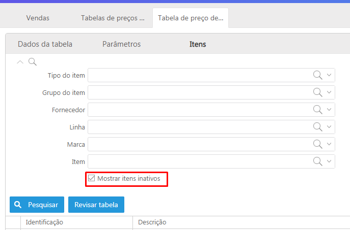 Filtro inativo tabela de preços
